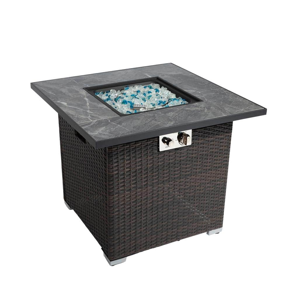 Brown Square Steel 30 in. 40000 BTU Propane Fire Pit Table with Glass Rocks and Rain Cover -  SUNRINX, MG56-12-FP