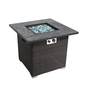 Brown Square Steel 30 in. 40000 BTU Propane Fire Pit Table with Glass Rocks and Rain Cover