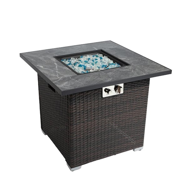 SUNRINX Brown Square Steel 30 in. 40000 BTU Propane Fire Pit Table with Glass Rocks and Rain Cover