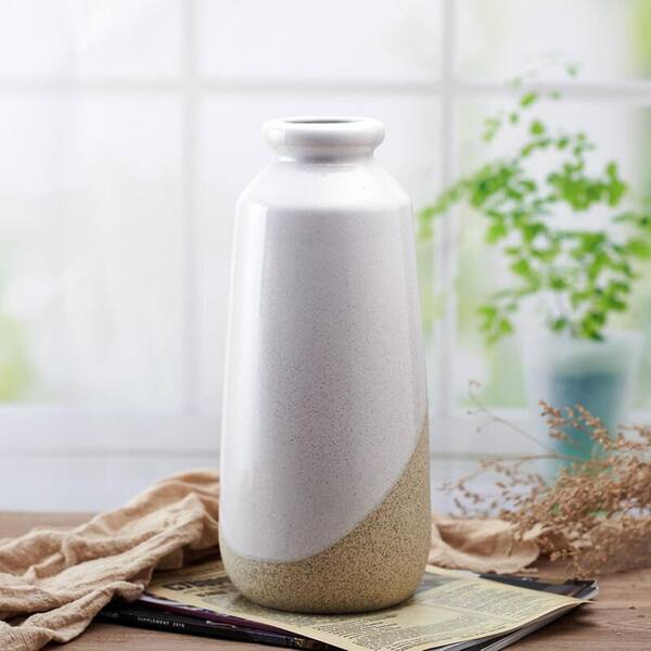 Elements 5.91x5.91x13.39-in White and Tan Ceramic Vase, for