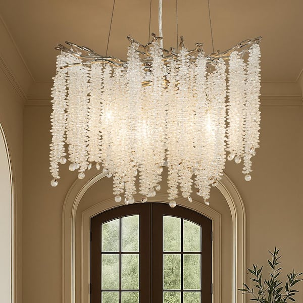 20 in 4-Light Modern Polished Nickel Crystal Chandelier Glam Branch Style Pendant Ceiling Light for Dining Room Bedroom
