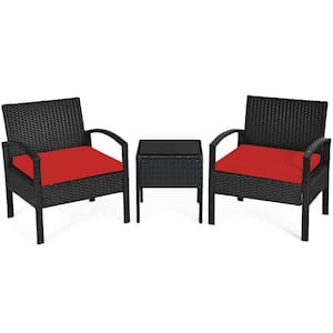 3-Piece Wicker Outdoor Rattan Patio Conversation Set with Red Cushions