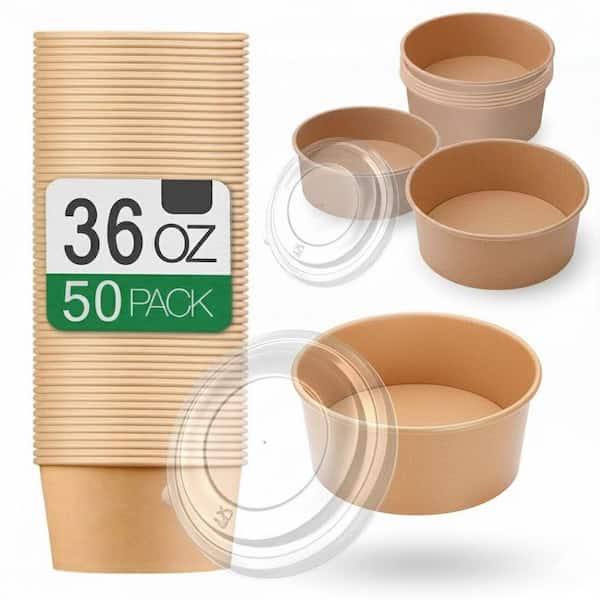 Kraft Paper Disposable Soup Bowls with Lids, Heavy Duty Leakproof, for Hot Cold Food, 50 Pack, 36 oz.