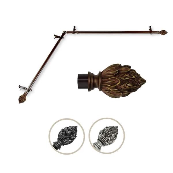 Rod Desyne 13/16" Dia Adjustable 66" to 120" Single Corner Window Curtain Rod in Cocoa with Ember Finials