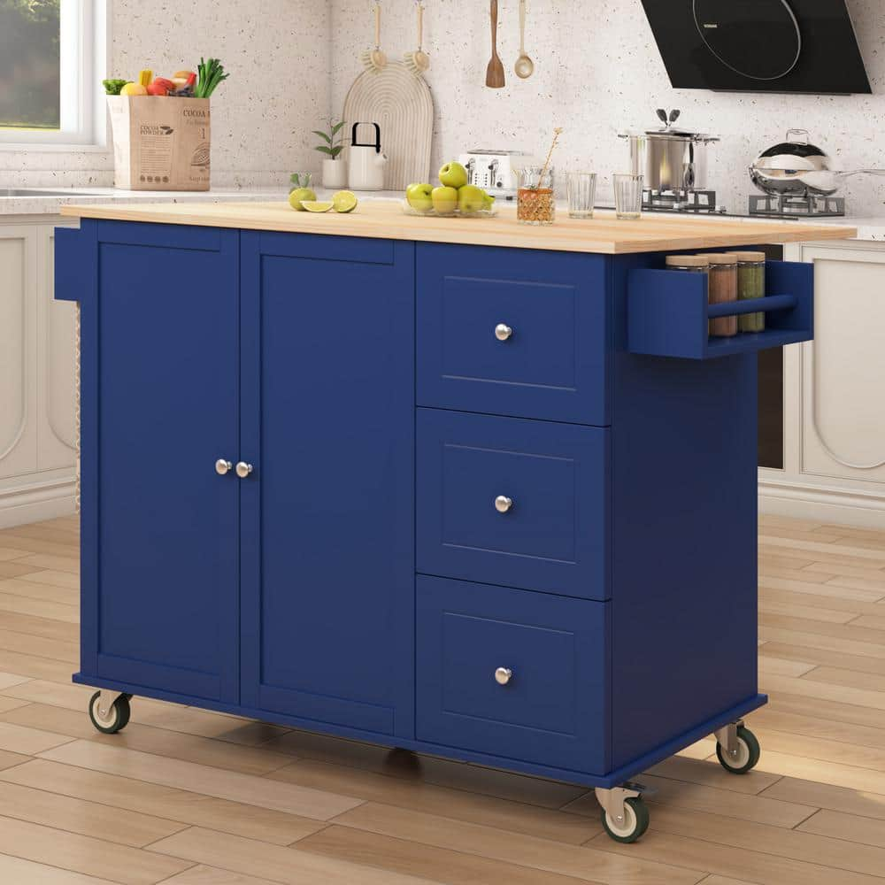 FAMYYT Navy Blue Drop Leaf Rubber Wood Countertop 53 in. Kitchen Island with Adjustable Shelves