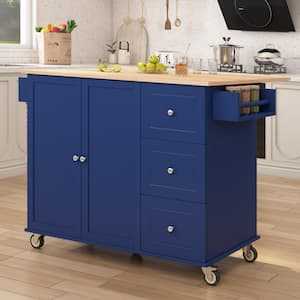Navy Blue Drop Leaf Rubber Wood Countertop 53 in. Kitchen Island with Adjustable Shelves