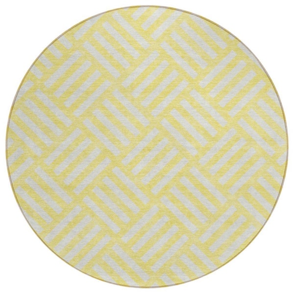 Yellow, Ivory 8 ft. Round Woven Geometric Polyester Round Indoor/Outdoor Area Rug