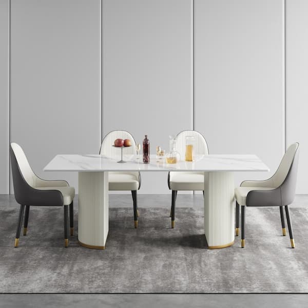 J&E Home 78.7 in. White Sintered Stone Tabletop Dining Room Table