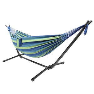 9 ft. 2-Person Hammock with Metal Heavy Duty Stand with Pillows, Cup Holder in Color Yellow Blue Stripe