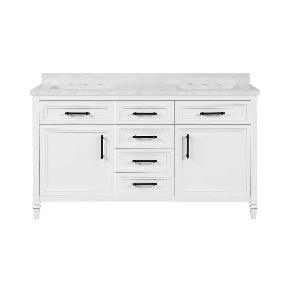 Home Decorators Collection Aiken 60 in. W x 22 in. D Bath Vanity in White with Cultured Marble Vanity Top in White with white Basins