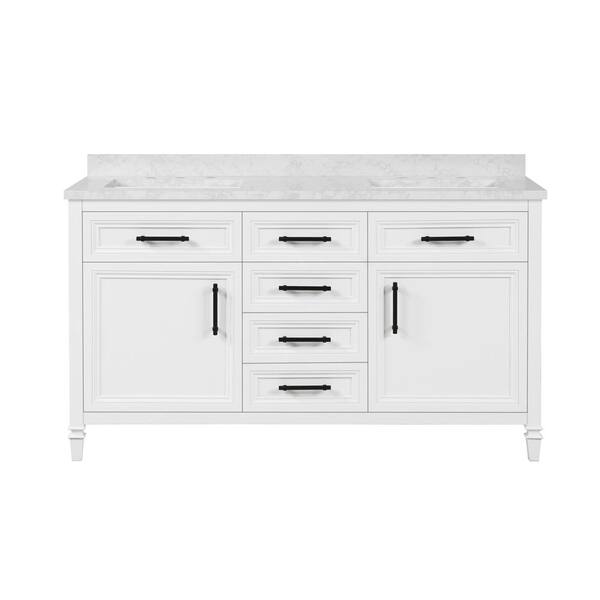 Home Decorators Collection Aiken 60 in. W x 22 in. D Bath Vanity in White with Cultured Marble Vanity Top in White with white Basins