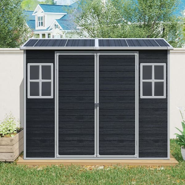 4x8 Lean-To Resin Storage Shed With Floor - Outdoor Garden Shed With 2 Windows, Black/Grey