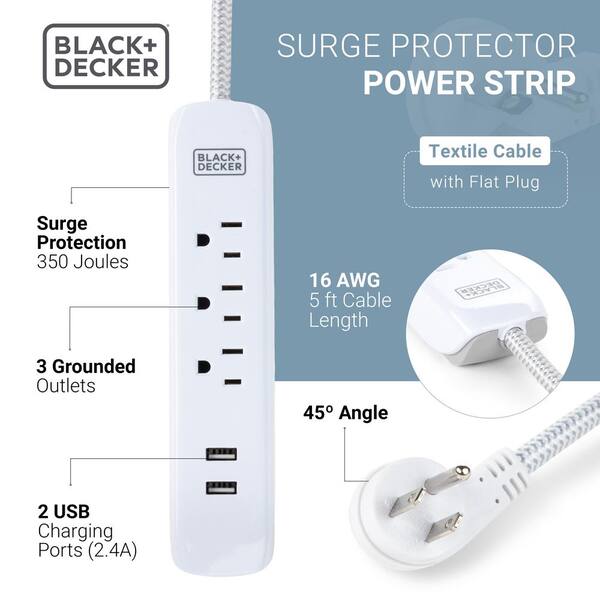 Multi Outlets Power Strip Surge Protector with 3 USB Ports Flat Plug & 5 FT Cord 