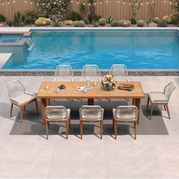 9-Piece Aluminum Outdoor Dining Set Teak Patio Furniture Set Wicker Table and Chairs with Cushions