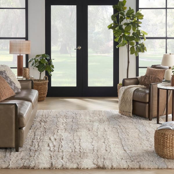 Luxurious Shag Ivory Beige 7 ft. x 9 ft. Abstract Contemporary Area Rug