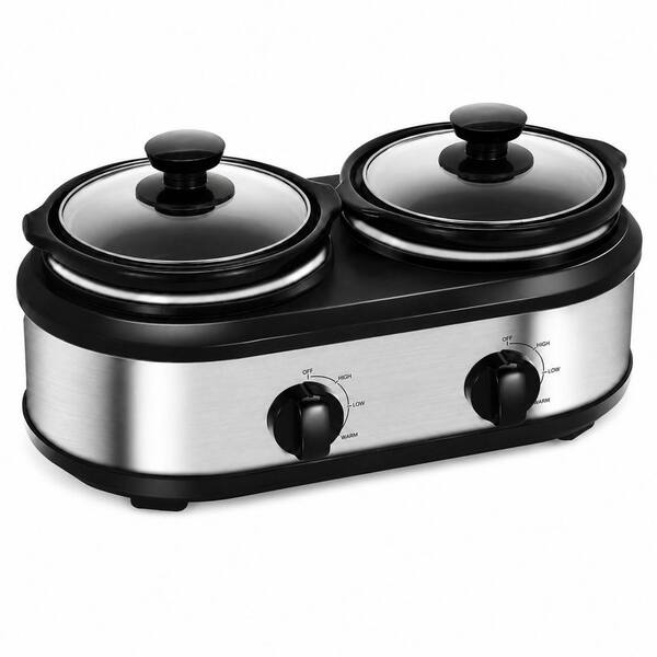Dual Slow Cooker Buffet Server and Food Warmer with 3 Temp Settings, 2 Glass Lids, 2.5 qt Silver