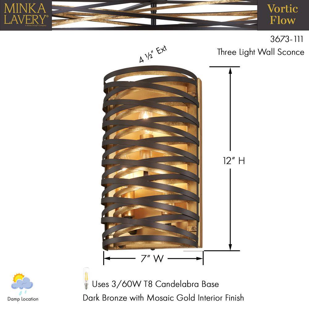 Vortic Flow 3-Light Wall Sconce in Dark Bronze with Mosaic Gold Interior