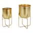 Contemporary Style Large Round Indoor/Outdoor Metallic Gold Metal Planters in Gold Stands (Set of 2)