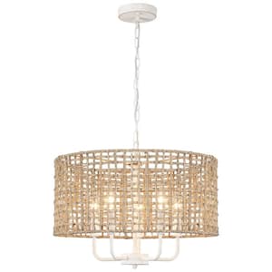 Nevarez 18.9 in. 5-Light Distressed White Bohemian Natural Rattan Dimmable Chandelier with Hand Woven Drum Shade