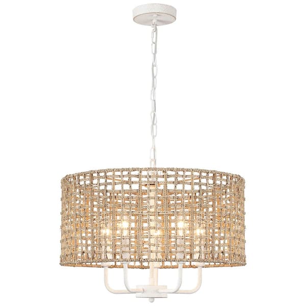 LWYTJO Nevarez 18.9 in. 5-Light Distressed White Bohemian Natural Rattan Dimmable Chandelier with Hand Woven Drum Shade