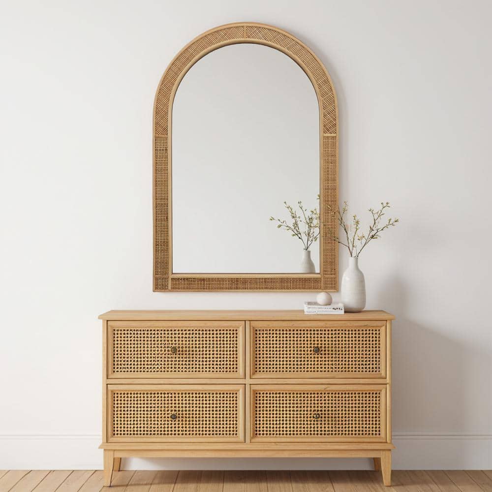 Arched Light Brown Rattan Framed Decorative Wall Mirror