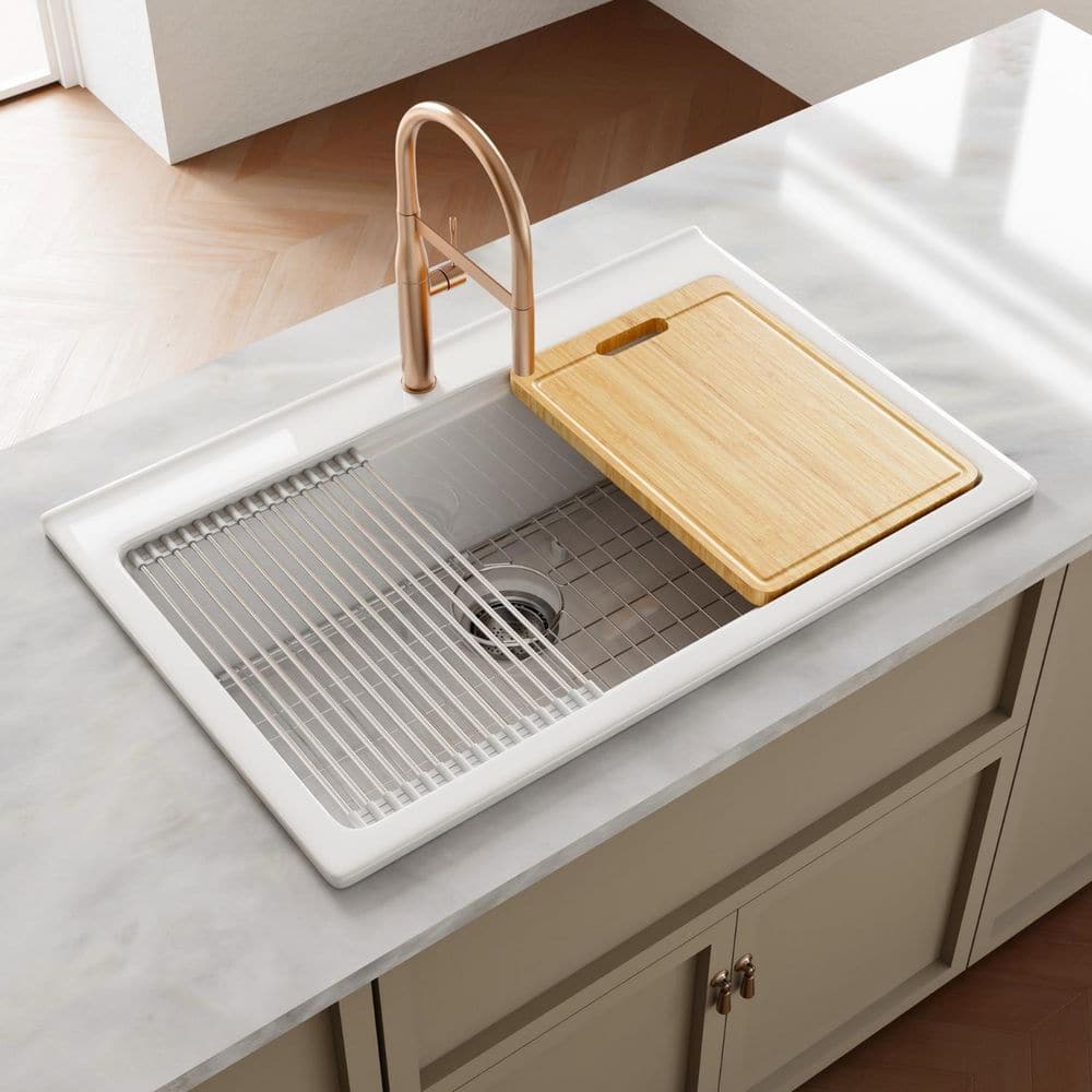 33 in. x 22 in. White Drop-In Kitchen Sink, Fireclay Workstation Deep Single Bowl, Offset Drain Opening and Faucet Hole price history on PriceWatchPro