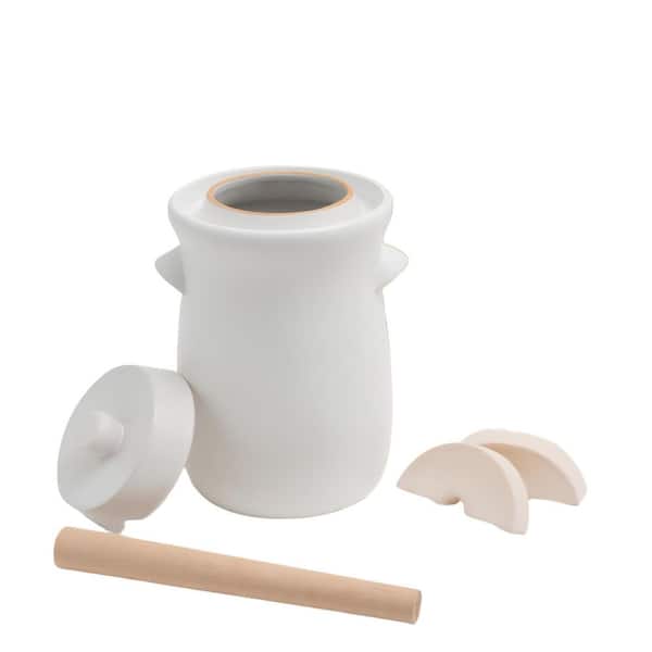 1 gal. Stoneware Pot Fermentation Crock, Glazed White Fermenter with Stone Weights, Lid and Pickle Tamper