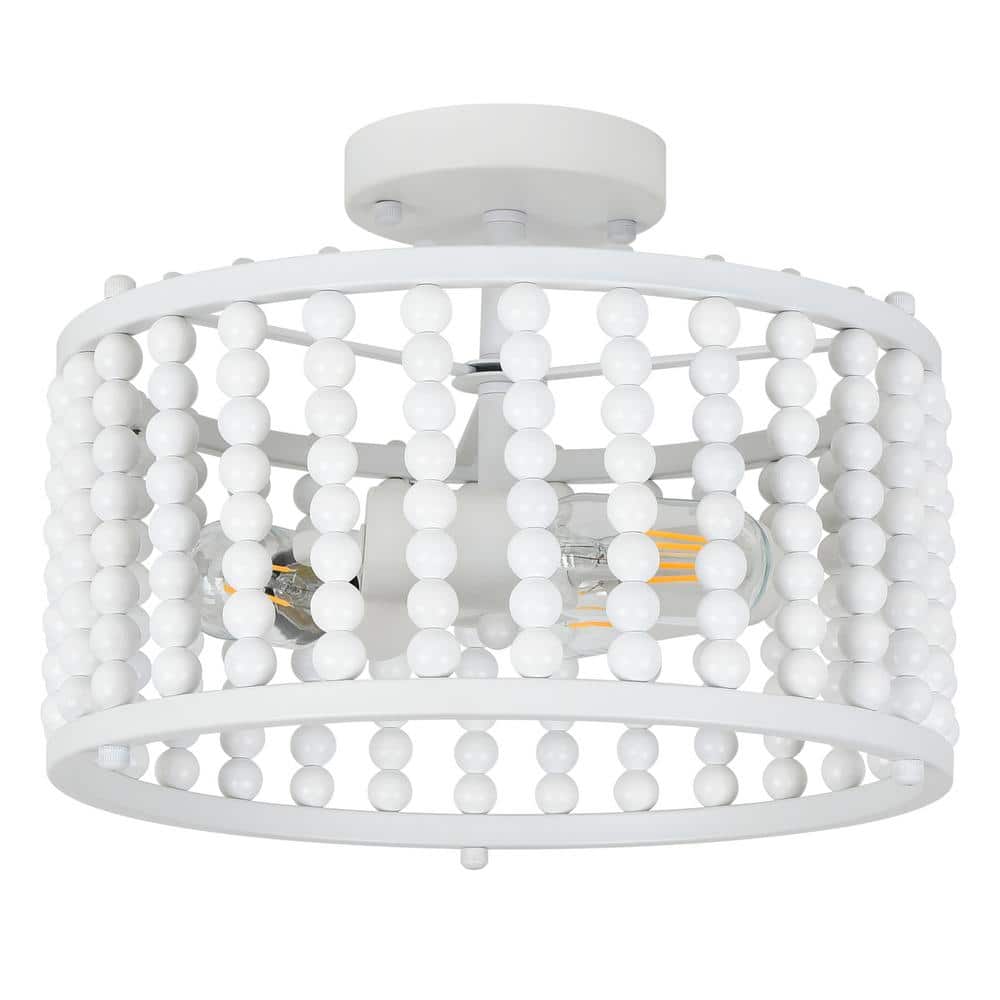 12.6" White Beaded Metal Farmhouse Semi-Flush Mount Light