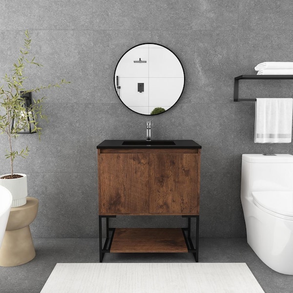 Unbranded Allen 30 in. W x 19 in. D x 34 in. H Single Sink Freestanding Bathroom Vanity in Rose Wood with Black Solid Surface Top