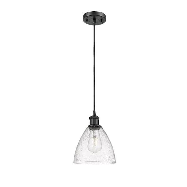Bristol Glass 1-Light Matte Black Seedy Shaded Pendant Light with Seedy Glass Shade
