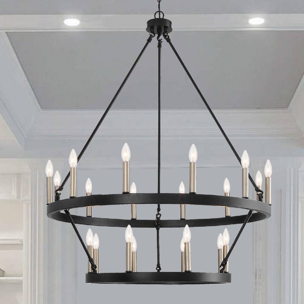 Rustic Black and Brass Dust 20-Light Wagon Wheel Chandelier