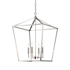 Renzo 20 in. 4-Light Brushed Nickel Caged Farmhouse Dining Room Chandelier, Lantern Kitchen Pendant Light