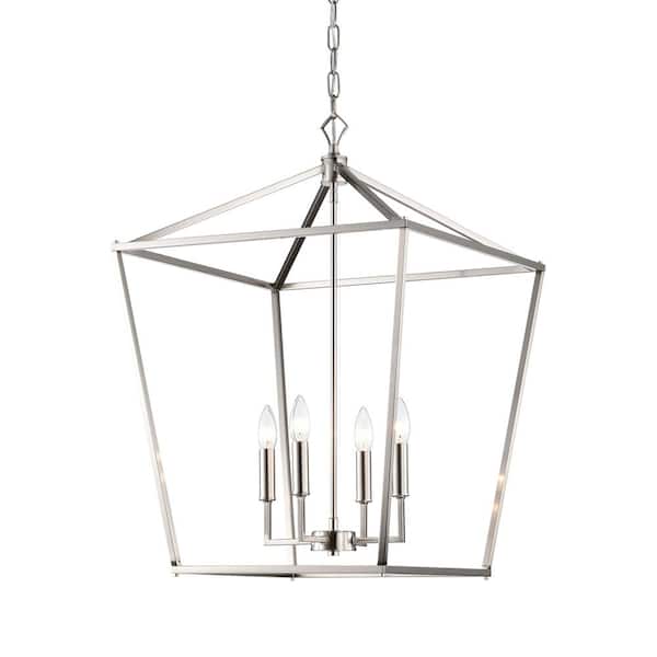 Edvivi Renzo 20 in. 4-Light Brushed Nickel Caged Farmhouse Dining Room Chandelier, Lantern Kitchen Pendant Light