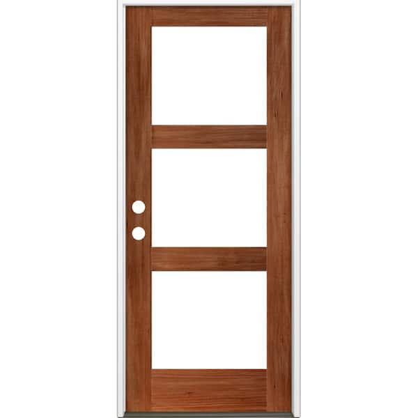 Krosswood Doors 32 in. x 96 in. Modern Hemlock Right-Hand/Inswing 3-Lite Clear Glass Red Chestnut Stain Wood Prehung Front Door