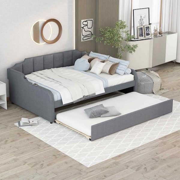 Polibi Gray Full Size Upholstery Daybed with Trundle and USB Charging Design