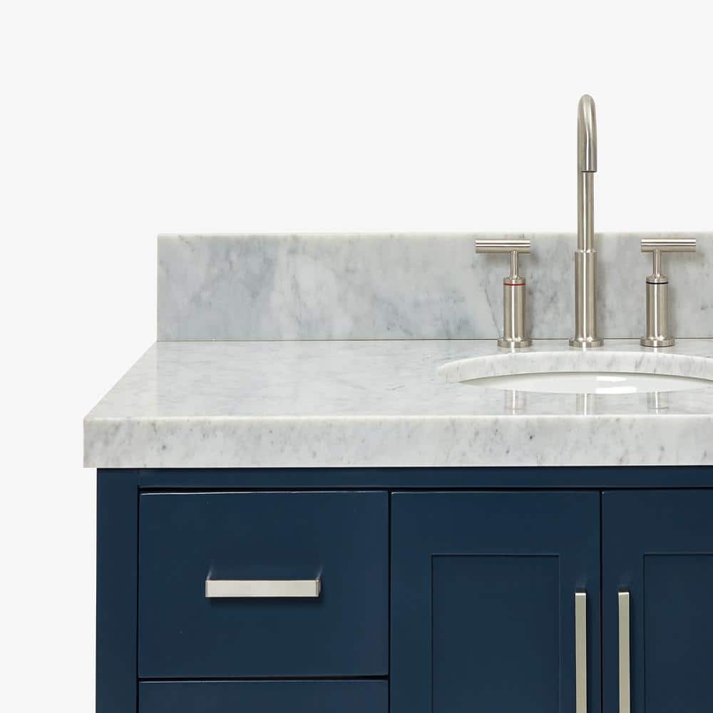 Midnight Blue Solid Wood Bath Vanity with White Marble Top