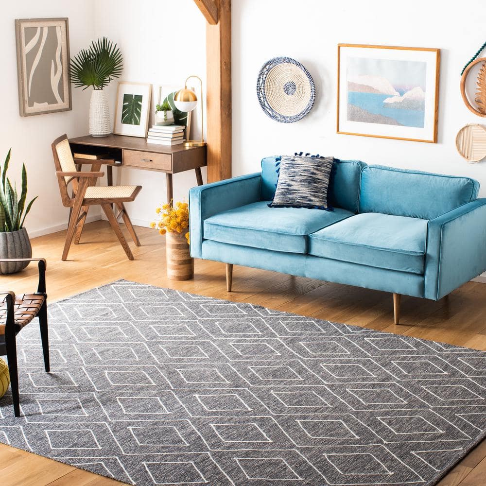 Gray and White Striped Wool Cotton 7' Square Area Rug