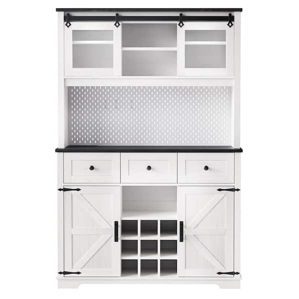 tunuo Kitchen Cabinet White Wood 71 in. W Pantry Bar Cabinet with Internal Storage Rack in White