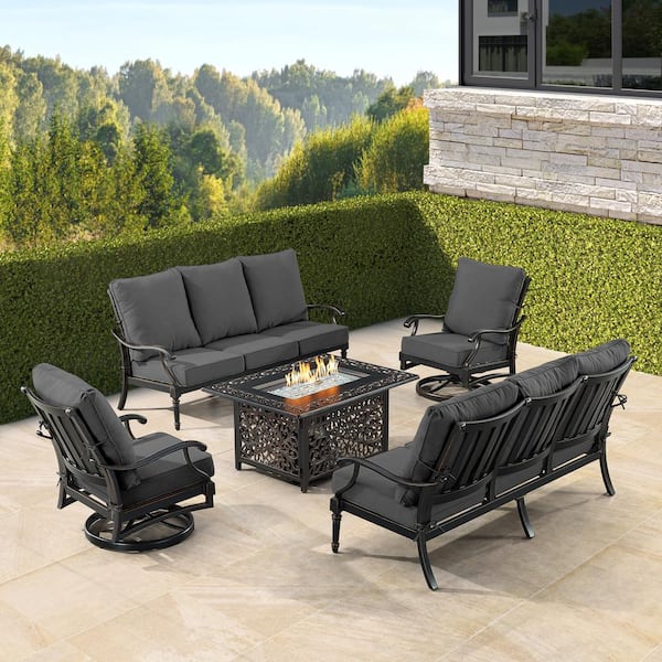 Oakland Living Black 5-Piece Aluminum Patio Fire Pit Set with Black Cushions