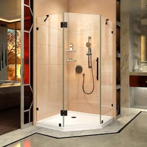 Prism Lux 42 in. x 42 in. x 74.75 in. Frameless Hinged Corner Shower Enclosure in Satin Black and Shower Base