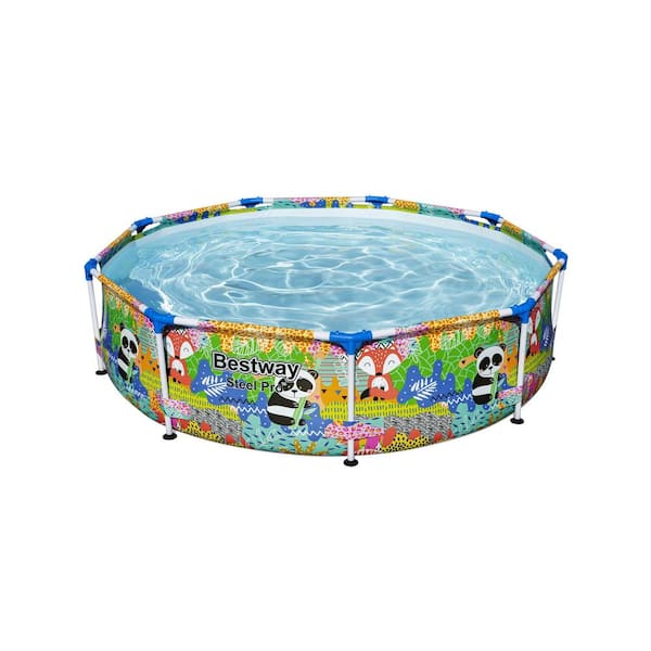 Bestway 9 ft. x 9 ft. Round 26 in. Deep Metal Frame Above Ground Swimming Pool, Panda Print