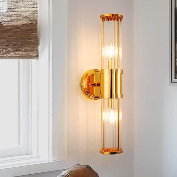 3 in. 2-Light Modern Crystal Vanity Light, Gold Bathroom Wall Sconce, Vertical Horizontal Wall Mount Lighting