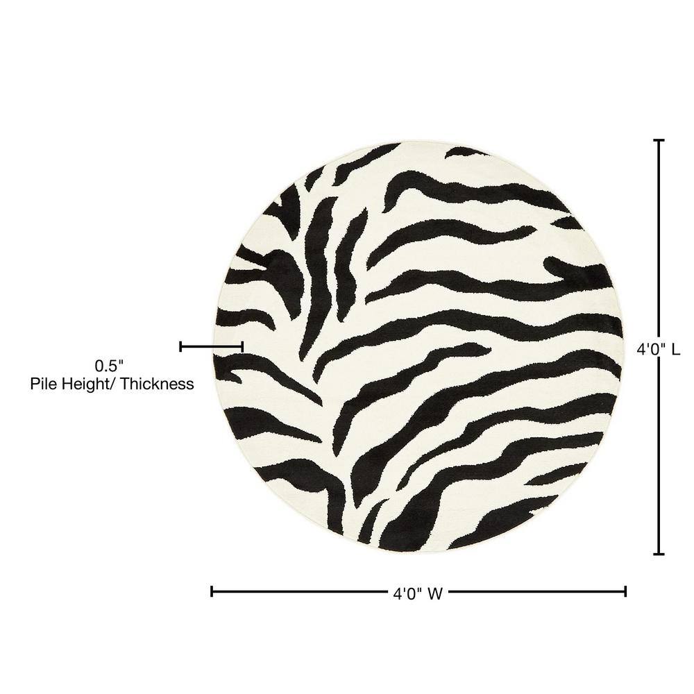 Safari Charm Round Ivory & Black Zebra Print Area Rug, 4' Diameter