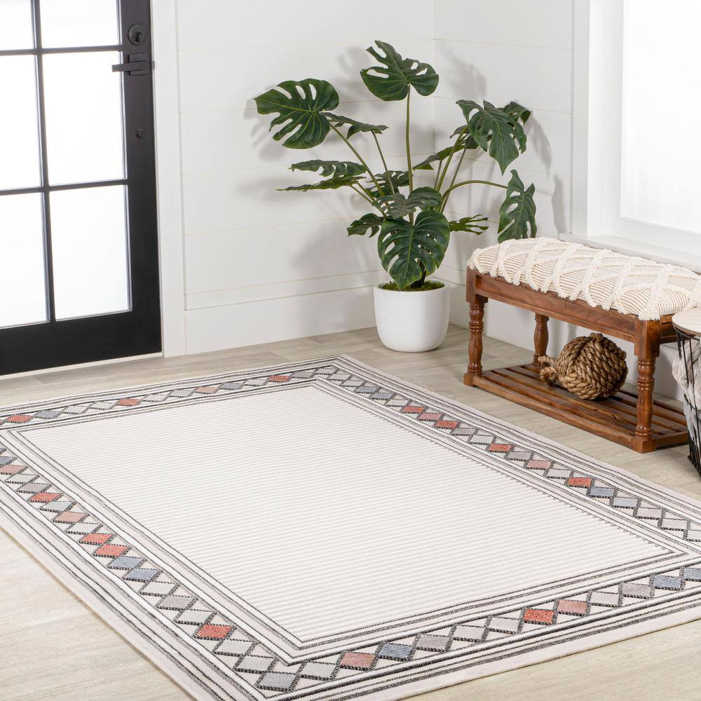 Ivory Beige Geometric Synthetic 5'x8' Reversible Indoor/Outdoor Rug