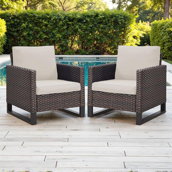 Brown Wicker Outdoor Patio Lounge Chair with CushionGuard Beige Cushions (2-Pack)