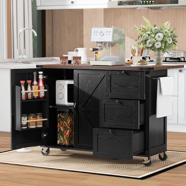 Black Rubber Wood Kitchen Cart with Drop Leaf and Power Outlet