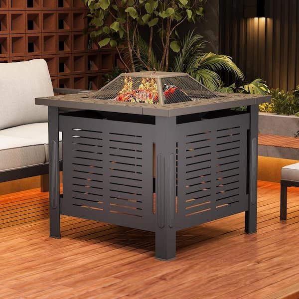 Metal Outdoor Square Fire Pit Table, 30 in. Wood Burning Firepits with Waterproof Cover