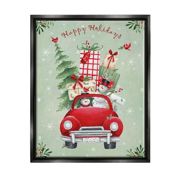 Stupell Industries Holiday Stacked Gift Car by Emma Leach 1-Piece Floater Frame Graphic Print Travel Poster Art Print 31 in. x 25 in.