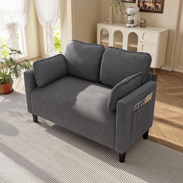 Zorlin Modern 48.03 in. Grey Corduroy Upholstered 2-Seater Sofa Loveseat with Pillows and Side Pocket