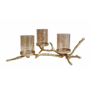 Gold Aluminum 3-Pillar Candle Holder with Accented Frosted Glass, Gold